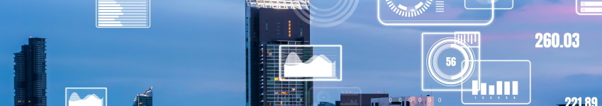 Skyline im Hintergrund
Im Vordergrund Virtuelle Zahlen und  Diagramme
