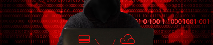 Person mit schwarzem Hoodie sitzt hinter Laptop. Im Hintergrund Virtuelle zahlen 